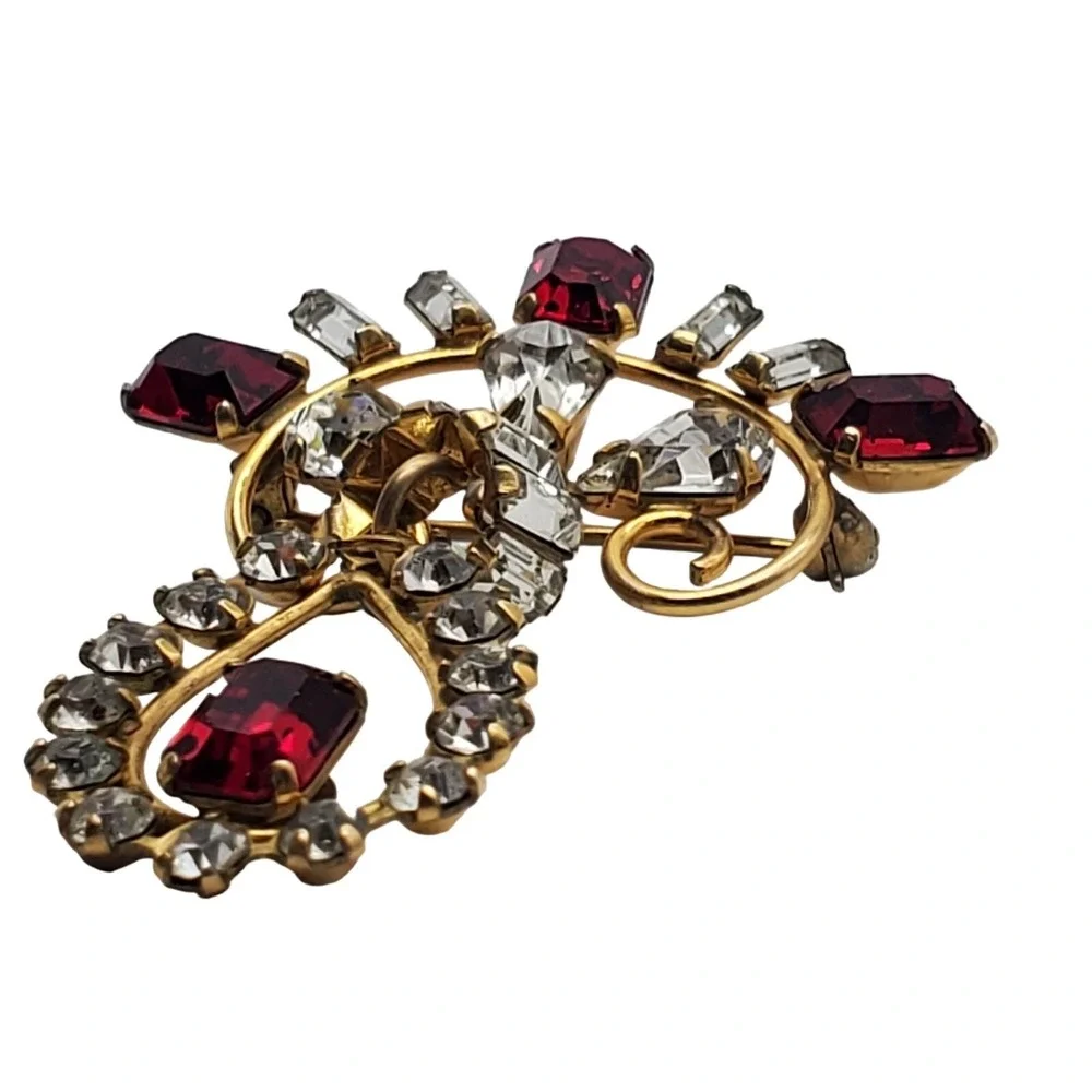 DeCurtis Red & Clear Rhinestone Brooch Pendant 1/20 12k GF 1940s Drop Pin Dangle